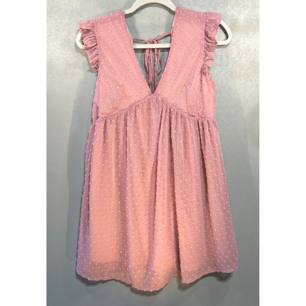 Altard State Pink Swiss Dot Ruffle Babydoll Mini Dress V-Neck Back Tie Small